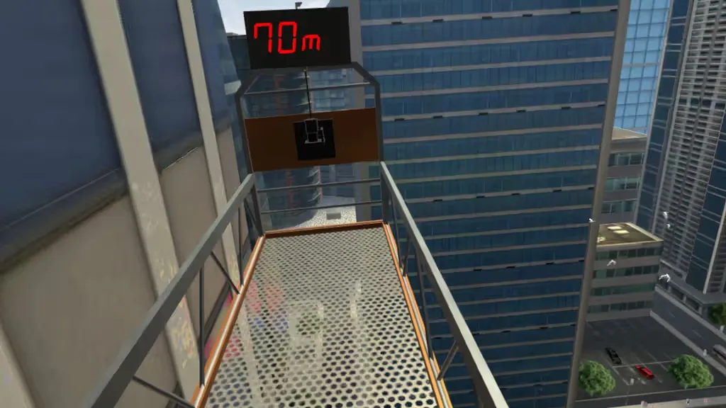 Escenario de realidad virtual con una plataforma elevada entre edificios