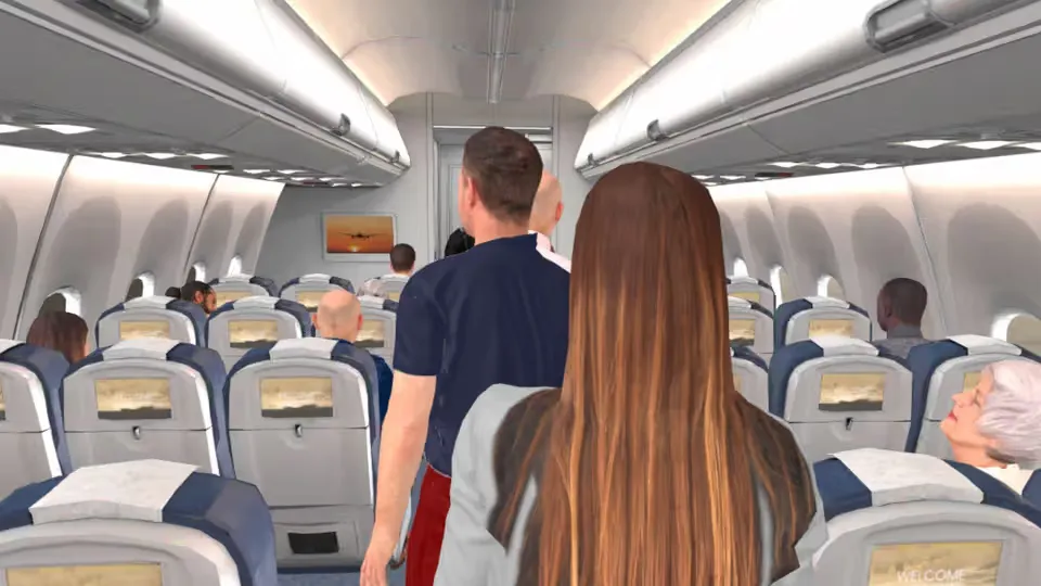 Escenario de realidad virtual del interior de un avión con pasajeros