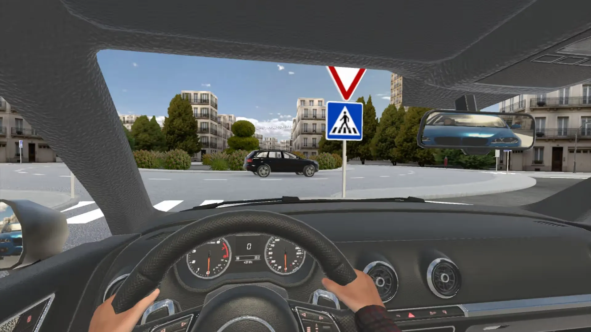Escenario de realidad virtual de conducción por una calle con tráfico