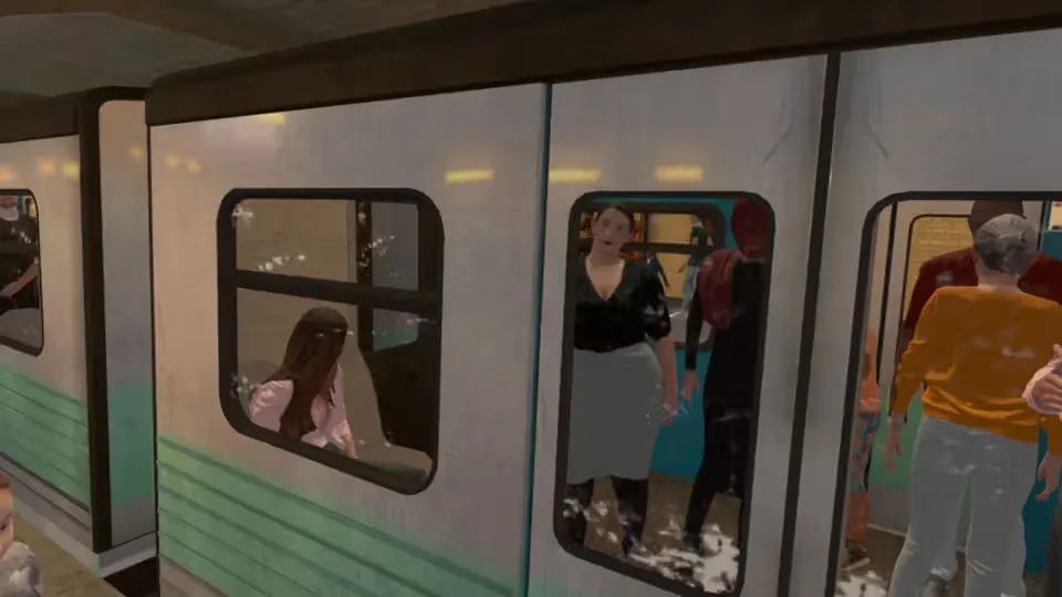 Escenario de realidad virtual con un vagón de metro y pasajeros visto desde el andén