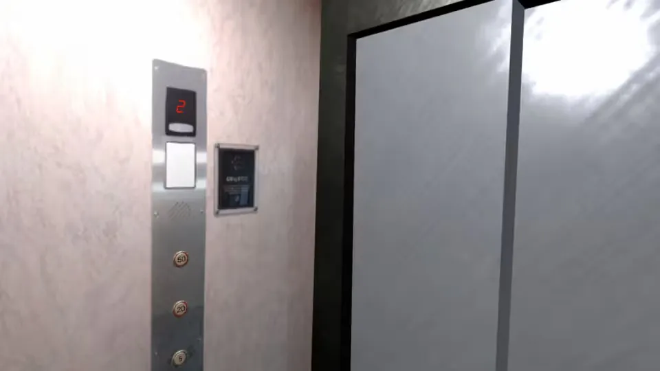 Escenario de realidad virtual del interior de un ascensor con las puertas cerradas