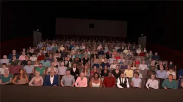 Auditorio virtual con público sentado, visto desde el escenario.