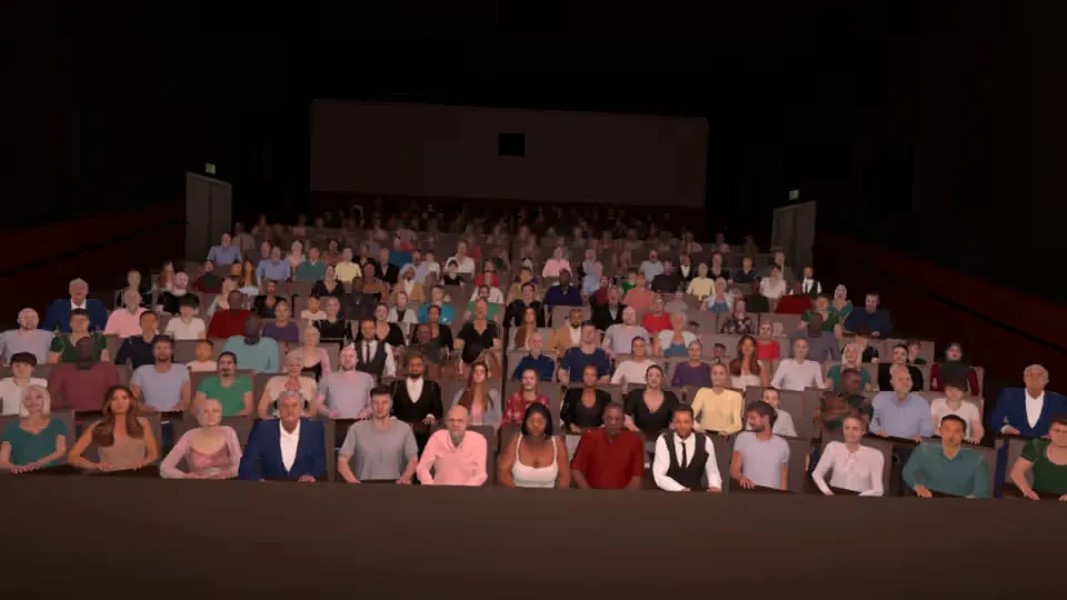 Auditorio virtual con público sentado, visto desde el escenario.